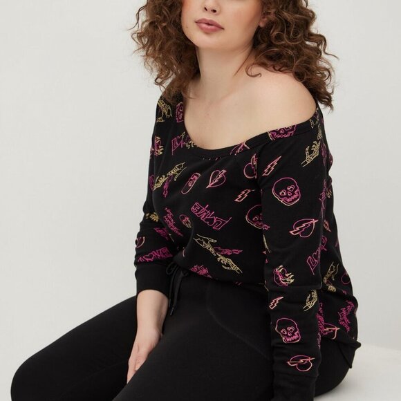 Torrid LoveSick Off-Shoulder Sweatshirt - Everyday Fleece Graffiti Black 3x NWT - Picture 1 of 10